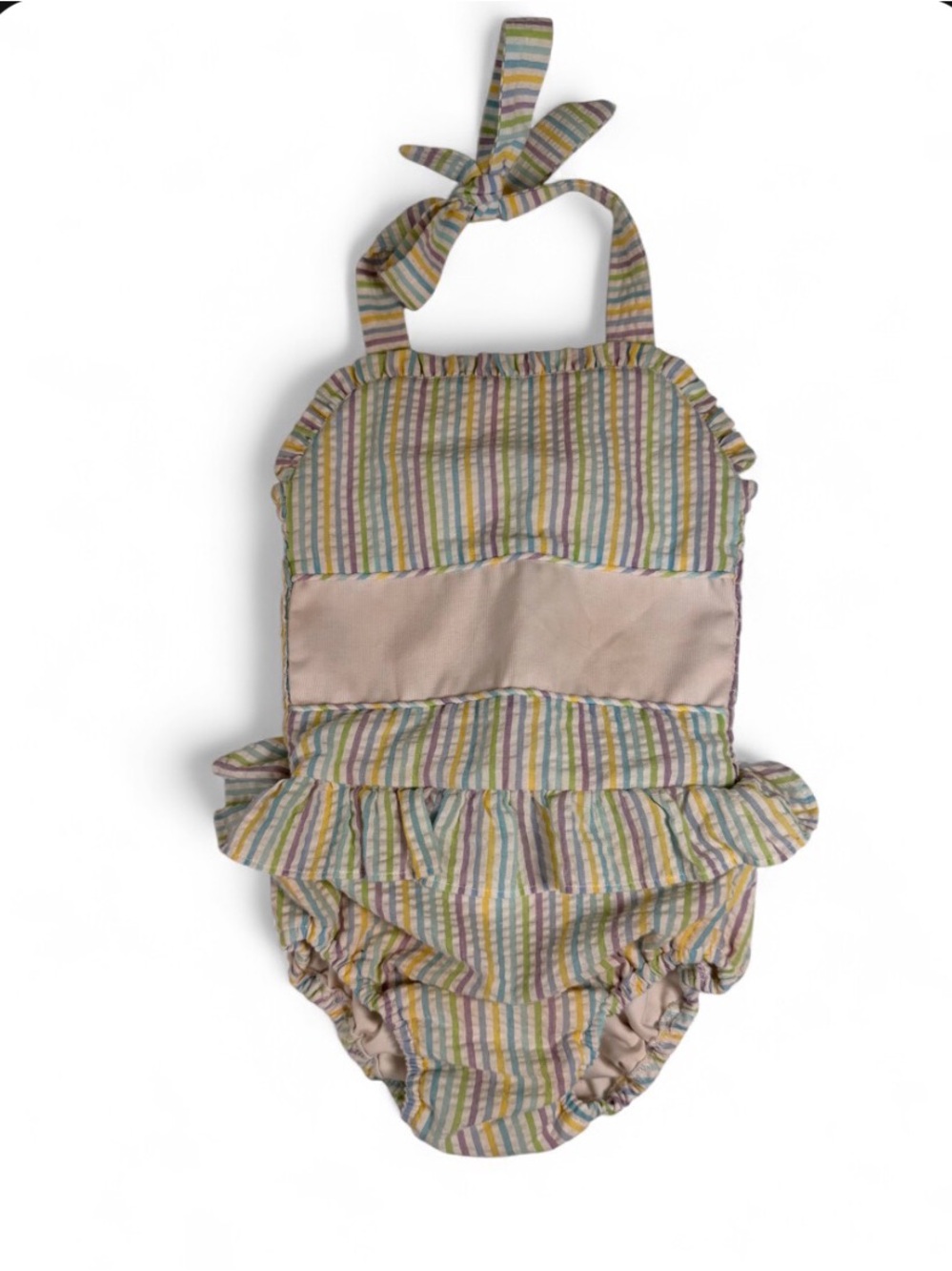 Smockingbird Pastel Striped Halter Ruffle Sunsuit - size 5